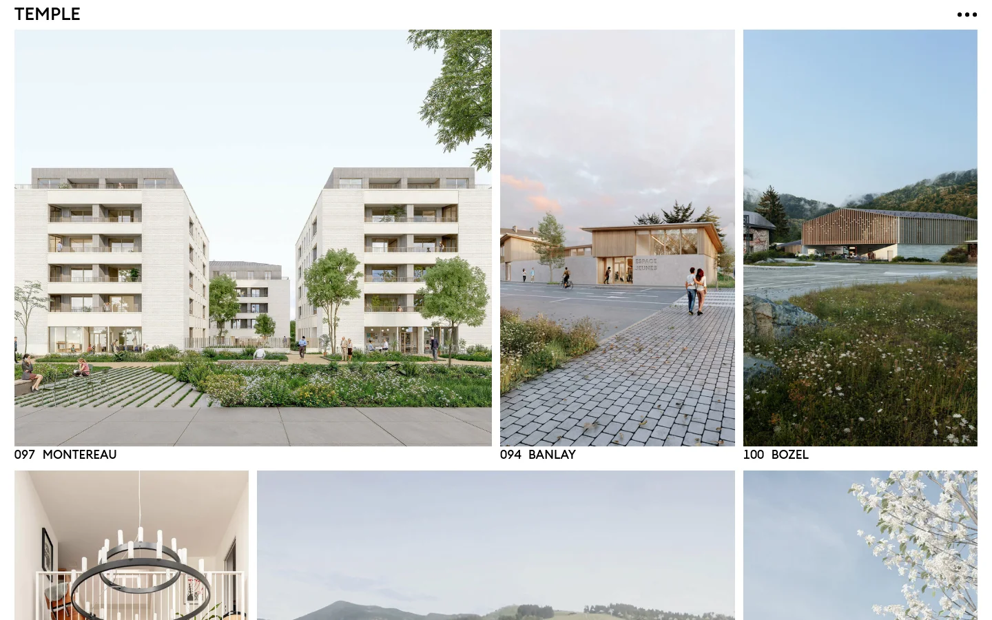 The desktop version of the 'Projets' page features a minimalist white layout with a grid of large architectural project images. Each image is accompanied by a project number and name in black sans-serif text, such as '097 MONTEREAU' and '094 BANLAY'. The navigation menu is located at the top, displaying the brand name 'TEMPLE' and links to other sections.