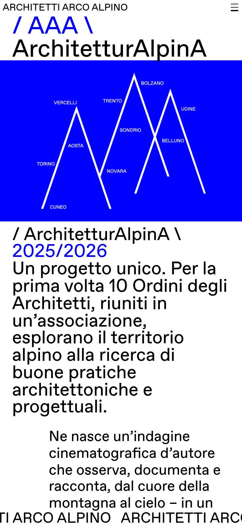The mobile version maintains the same minimalist aesthetic but scales the content vertically. The header with the site title and hamburger menu is positioned at the top, followed by the blue mountain graphic with city labels, and the descriptive text about the 2025/2026 project follows below in a single column layout.