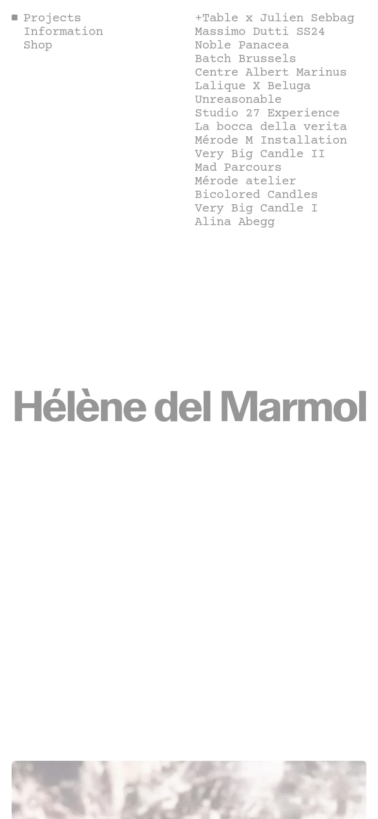 Hélène del Marmol mobile portfolio homepage with a simplified vertical layout. The brand name appears in large typography above a single-column list of project links and stacked imagery, maintaining a clean, minimalist aesthetic.