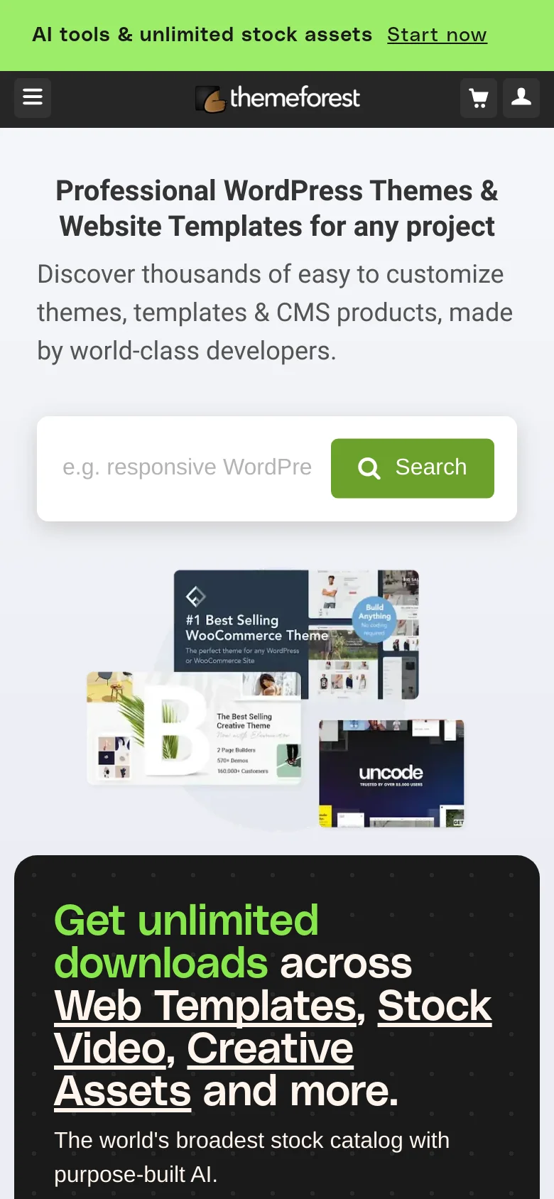 The mobile version uses a vertical stack layout with the headline and subtext positioned above the search bar. The template collage is centered below the search bar, and the dark promotional banner occupies the bottom of the screen, optimized for vertical scrolling.