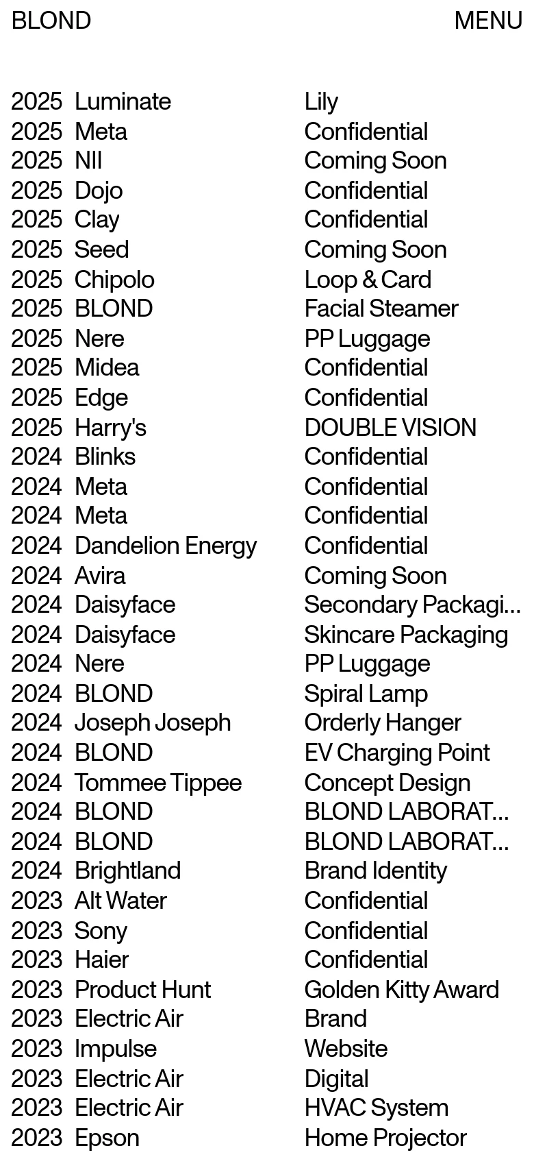 The mobile version maintains the minimalist black and white aesthetic but transitions the wide table into a single-column vertical list. The layout is condensed to fit a narrow screen, stacking the year, client, project, and service information for each entry to ensure readability on handheld devices.