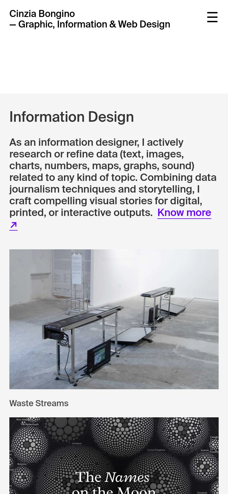 The mobile version features a simplified layout with a hamburger menu icon in the top right corner for navigation. The content follows a single-column vertical stack, displaying the Information Design heading, descriptive text, and large project images like 'Waste Streams' and 'The Names on the Moon' one after another.