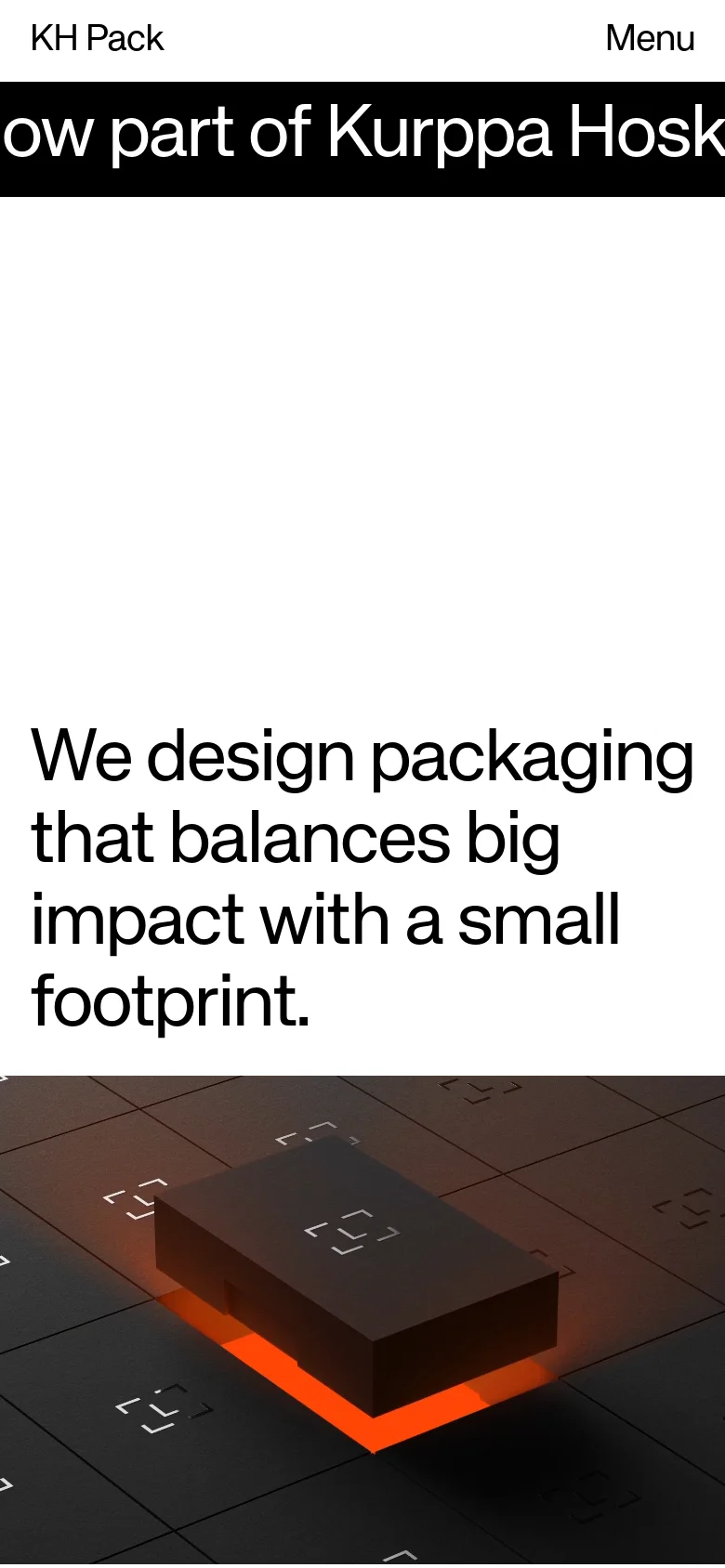 The mobile version uses a simplified layout with a 'KH Pack' logo and a 'Menu' button in the header. The central bold headline is stacked vertically to fit the narrow screen, followed by large, full-width imagery of product packaging.