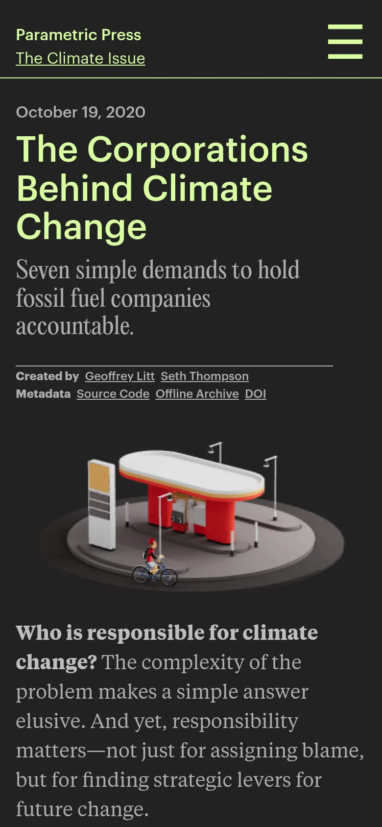 The mobile version of the page uses a vertical layout with a large hamburger menu icon in the top right. The text is centered and scaled for a smaller screen, maintaining the dark background and the gas station illustration positioned between the headline and the body text.