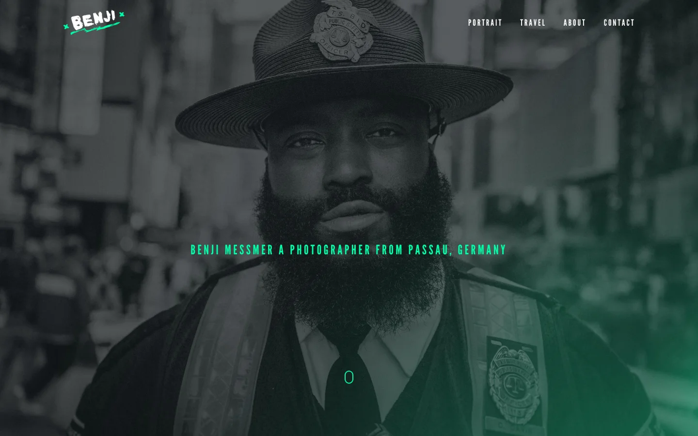 Benji Messmer photographer homepage featuring a large, desaturated portrait of a man in a hat. The hero section displays the headline AUTHENTIC TRUTH in teal sans-serif typography over a dark, moody green and grey color palette with a minimalist navigation menu.