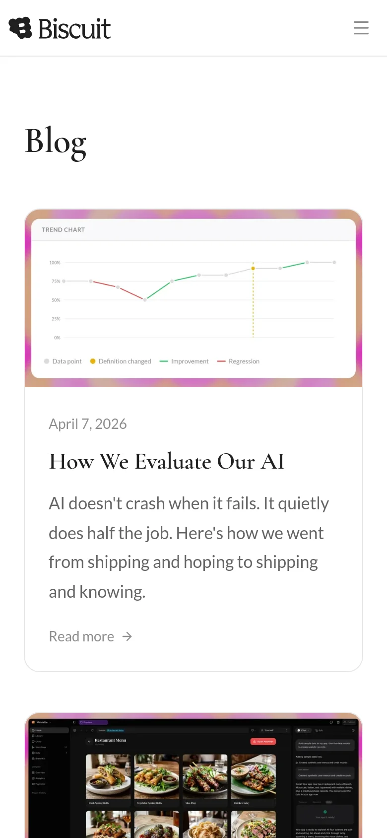 The mobile version presents a simplified vertical layout with the Biscuit logo and a hamburger menu icon at the top. The 'Blog' heading is followed by a single large article card containing a trend chart graphic, the article title, a brief excerpt, and a 'Read more' link. The content is stacked vertically to fit the narrow screen width.