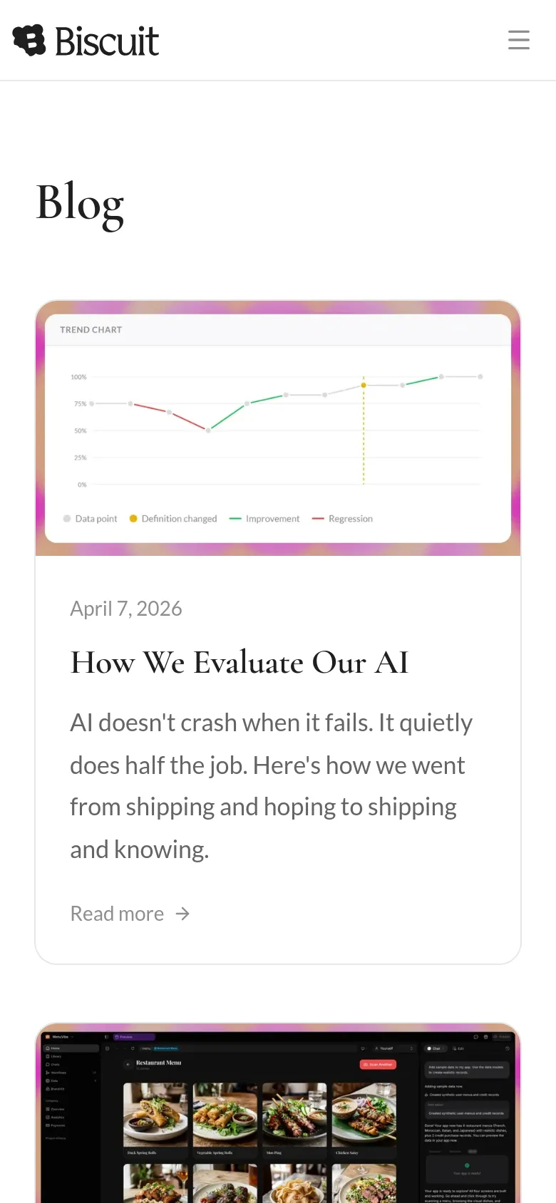 The mobile version presents a simplified vertical layout with the Biscuit logo and a hamburger menu icon at the top. The 'Blog' heading is followed by a single large article card containing a trend chart graphic, the article title, a brief excerpt, and a 'Read more' link. The content is stacked vertically to fit the narrow screen width.