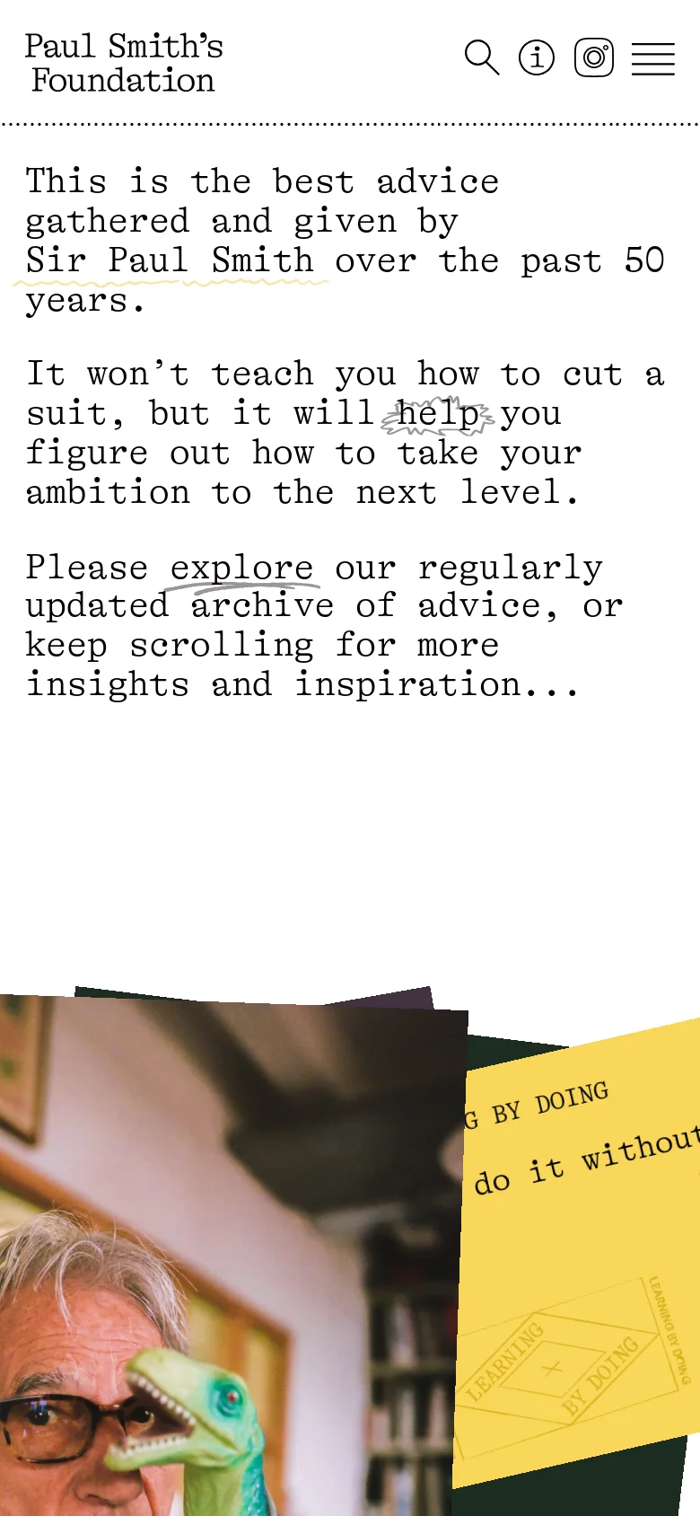 The mobile version maintains the minimalist white and black aesthetic but uses a stacked vertical layout. The navigation menu is condensed, and the hero text is centered and scaled to fit the narrower screen, with the colorful image collage appearing below the main text.