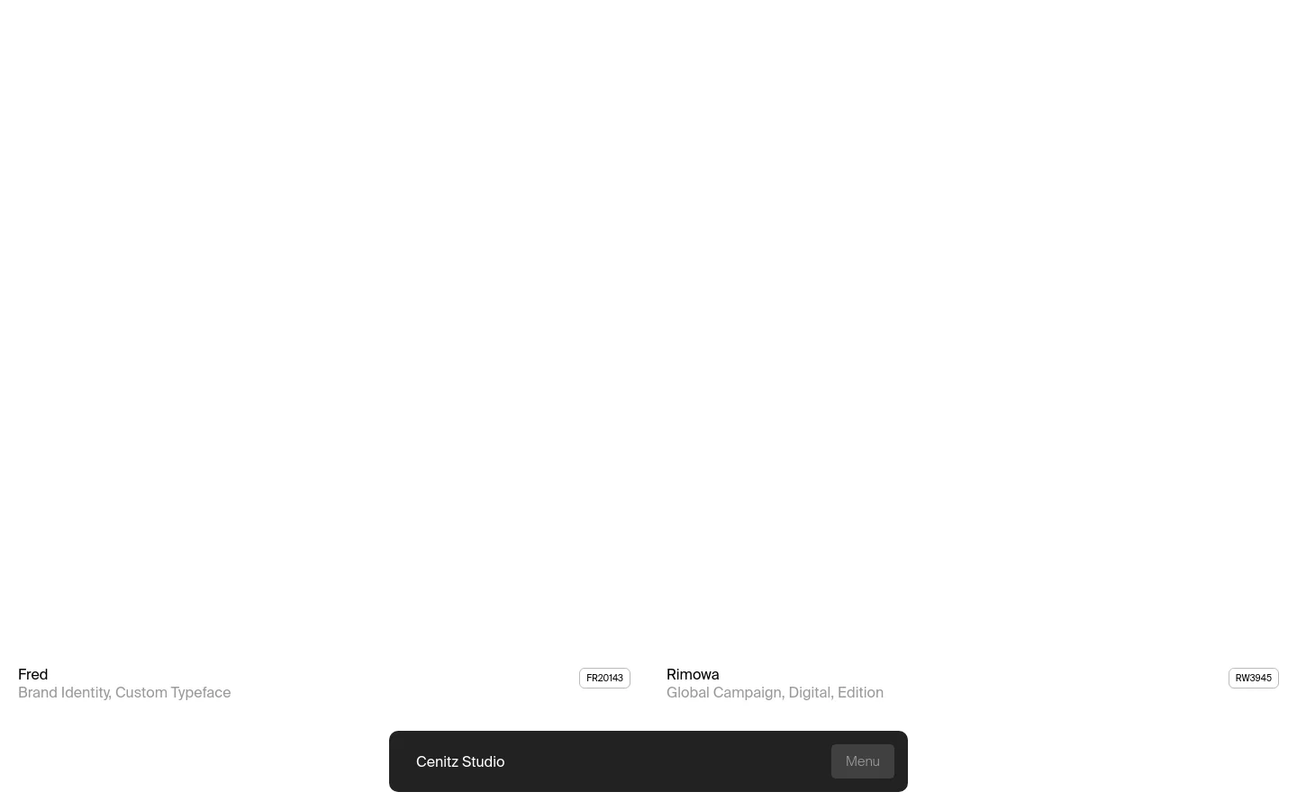 The Projects page features a minimalist white background with a large 'Projects' headline. A grid of project entries displays the project name, service categories, and a unique ID code in a clean, typographic layout. A dark floating navigation bar at the bottom contains the studio name and a menu button.