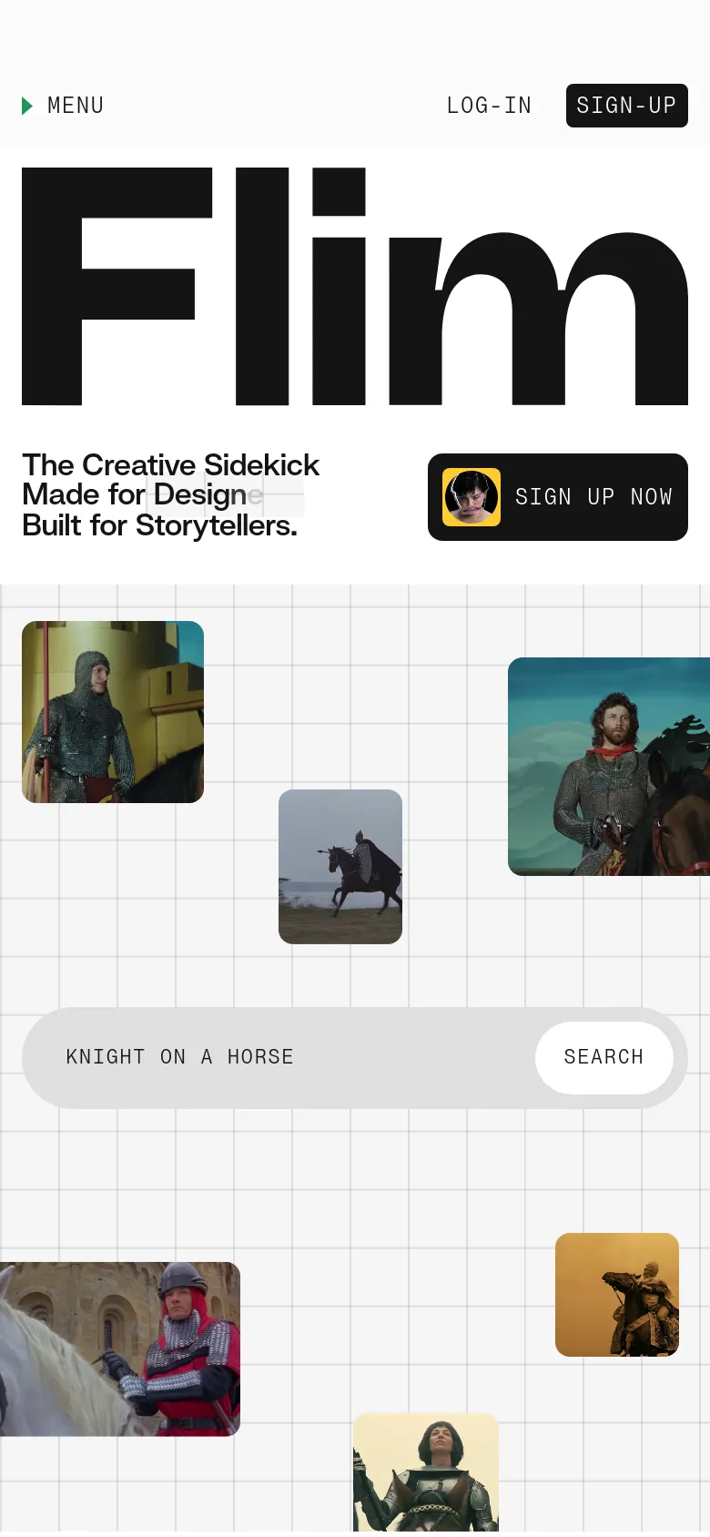 The mobile version uses a simplified layout with a top navigation menu, 'LOG-IN', and a 'SIGN-UP' button. The large 'Flim' logo and headline are stacked vertically, followed by the 'SIGN UP NOW' button and a centered search bar. The cinematic video stills are arranged in a vertical grid pattern against a light grey background with a subtle grid overlay.