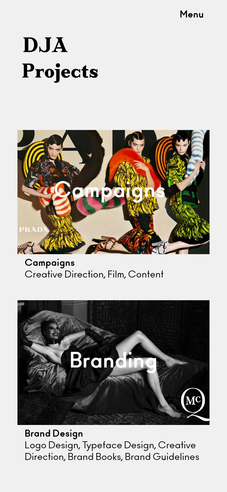 The mobile version features a single-column vertical stack of large project tiles. The header remains minimalist with the 'DJA Projects' title and a 'Menu' button, while the images and text descriptions are scaled to fit the narrower screen width.