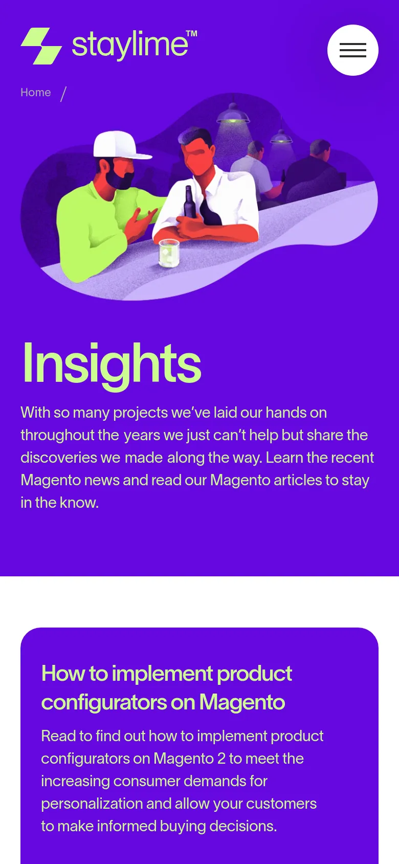 The mobile version uses a simplified layout with a hamburger menu icon in the top right and a centered 'Insights' headline. The hero illustration is scaled down and positioned above the text, while the blog content transitions into a single-column vertical stack.