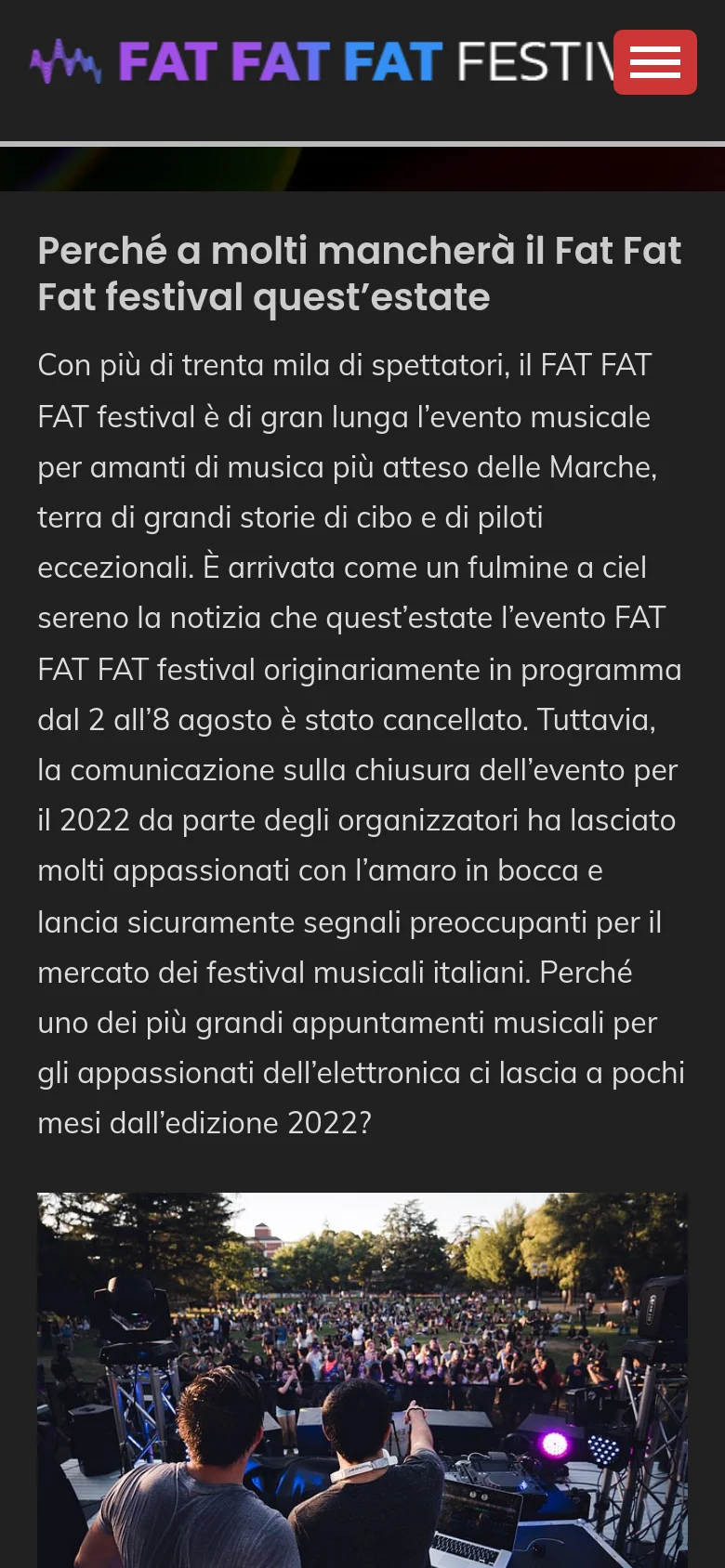 The mobile version presents a simplified vertical layout with a dark background and a prominent hamburger menu icon in the top right. The text and central image of the DJs performing for a crowd are stacked vertically, filling the width of the screen to ensure readability on a smaller device.