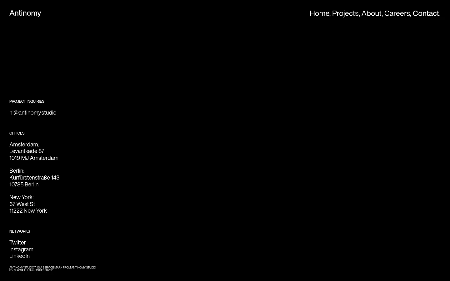 The desktop contact page features a minimalist dark theme with white typography. A large header contains the studio name and navigation links, while the main body displays project inquiry email, office addresses for Amsterdam, Berlin, and New York, and social media links arranged in a clean vertical list.