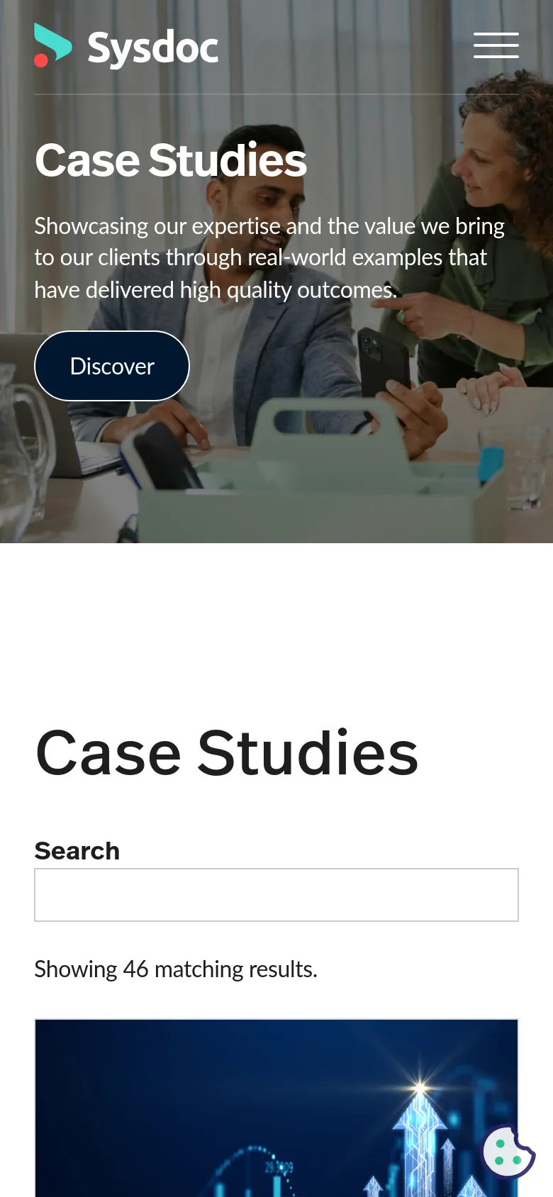 The mobile version presents a vertically stacked layout, starting with a hero section where the 'Case Studies' title and 'Discover' button are centered over the office imagery. The navigation is condensed into a hamburger menu icon in the top right. Below the hero, the 'Case Studies' heading, search bar, and results count appear in a single-column format on a white background.