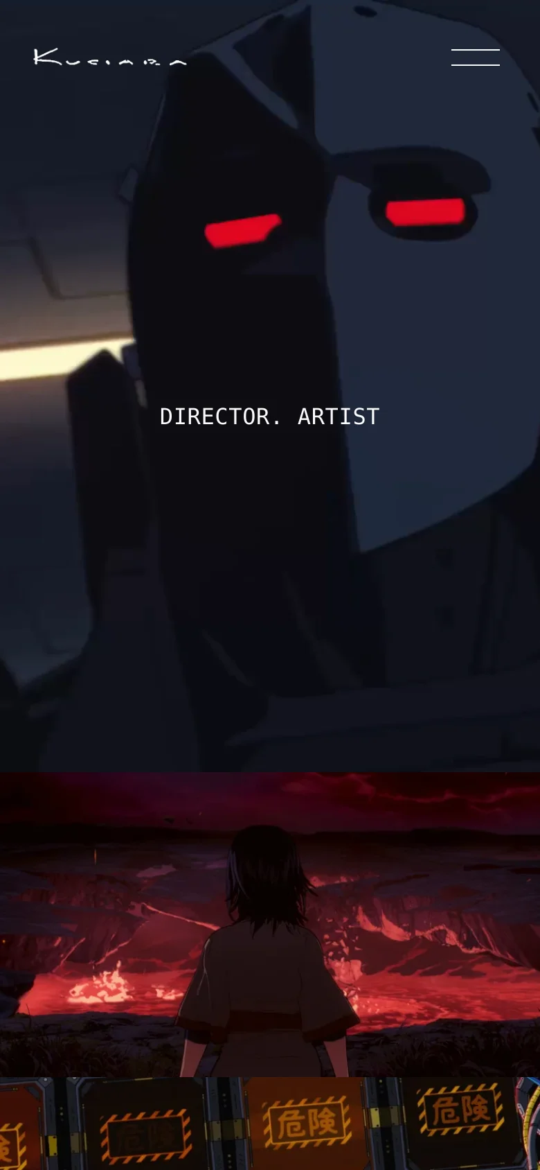 The mobile version maintains the dark aesthetic and central 'DIRECTOR. ARTIST' text over a cinematic hero image. The navigation menu is condensed into a two-line hamburger icon in the top right corner, and the brand name remains on the top left.