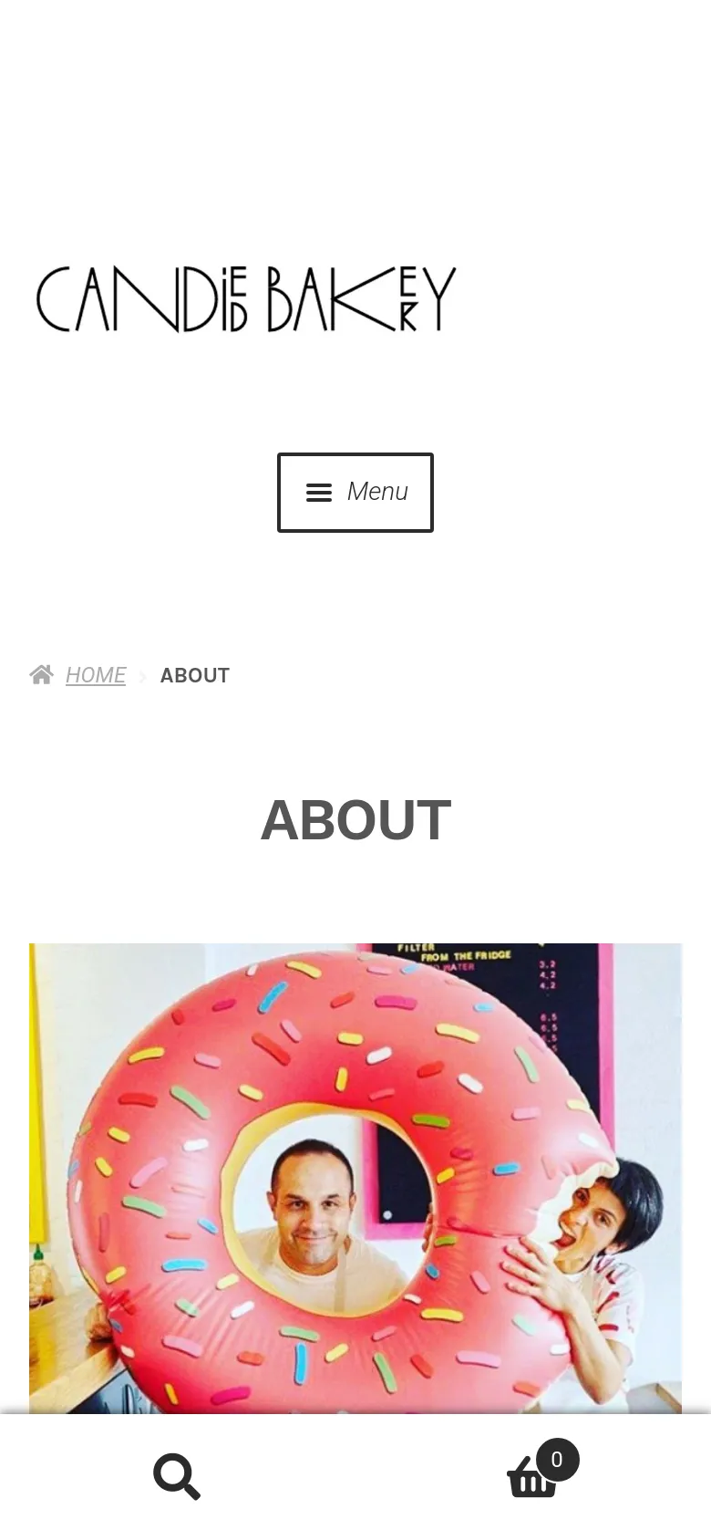 The mobile version simplifies the layout, moving the logo to the top and replacing the horizontal navigation bar with a centered 'Menu' button. The large hero image of the couple with the inflatable donut remains prominent, followed by the 'ABOUT' heading and text content stacked vertically.