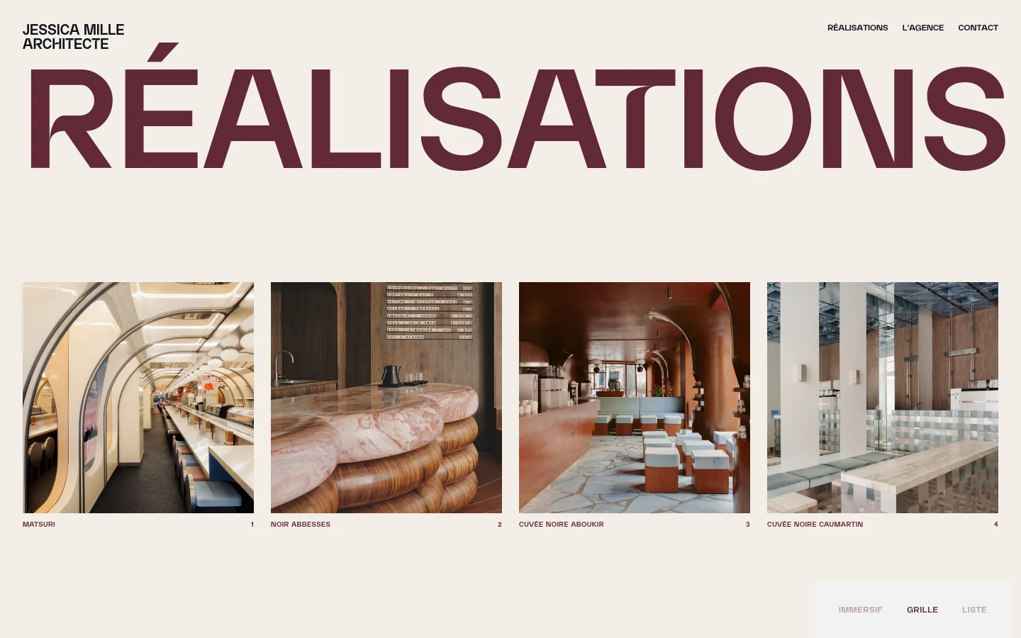 The desktop homepage features a minimalist cream background with the large, dark burgundy headline 'RÉALISATIONS'. Below, a grid layout displays high-quality architectural project photos, each labeled with a project name and number, such as 'MATSURI' and 'NOIR ABBESSES'. A navigation menu is at the top right, and view options like 'GRILLE' are at the bottom right.