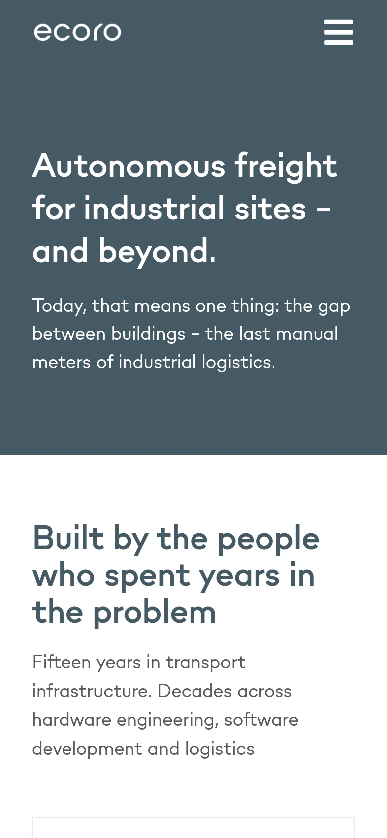The mobile version maintains the dark slate gray hero section with centered white text, but the typography is scaled down for smaller screens. The navigation menu is condensed into a white hamburger icon in the top right corner. The layout transitions to a single-column vertical stack for the text and team elements.