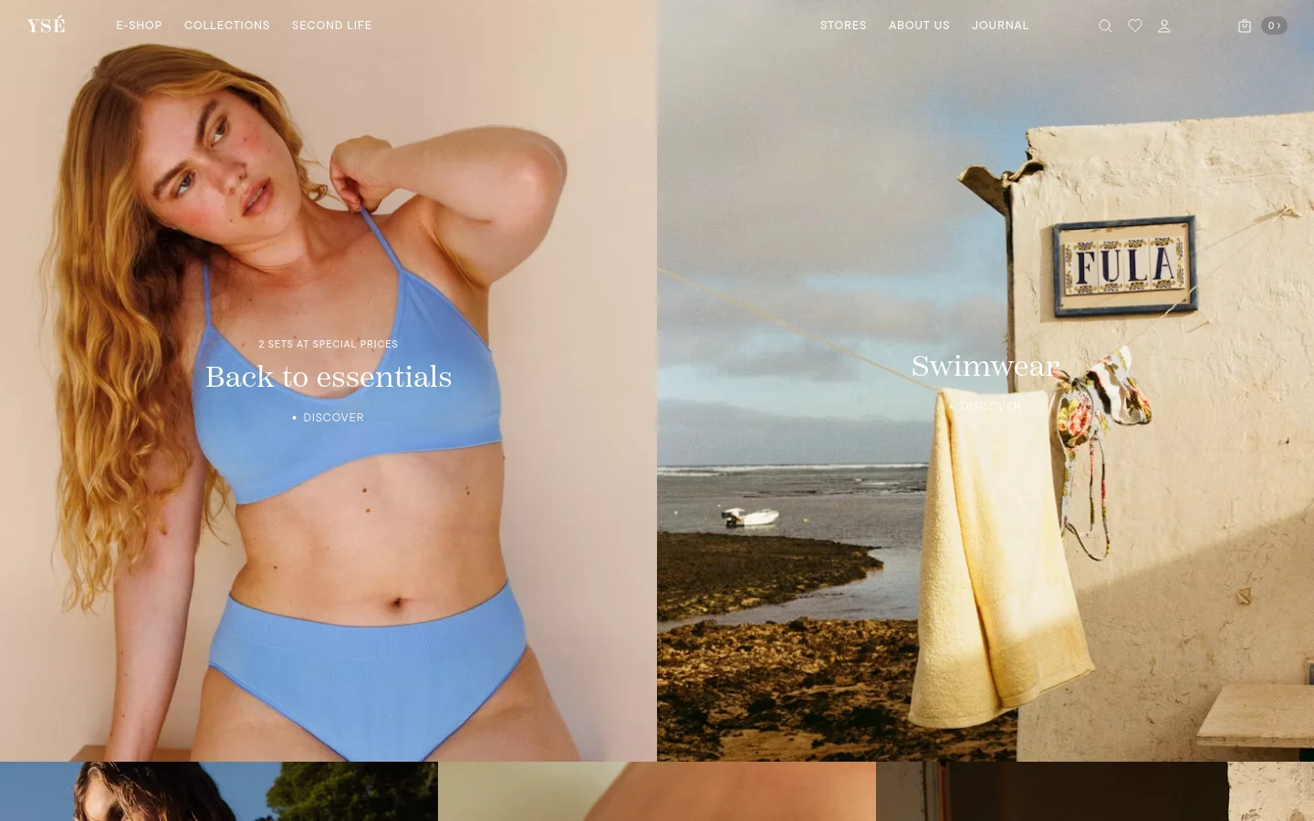 The Ysé Paris homepage features a minimalist layout with a split-screen hero section. On the left, a woman in a light blue bikini set is shown against a neutral background with the headline 'Back to essentials' and a 'Discover' call to action. On the right, a scenic coastal view shows a towel hanging on a wall next to a sign that reads 'FULA', with the headline 'Swimwear' and a 'Discover' link. The navigation menu is at the top with links for E-shop, Collections, and Second Life.