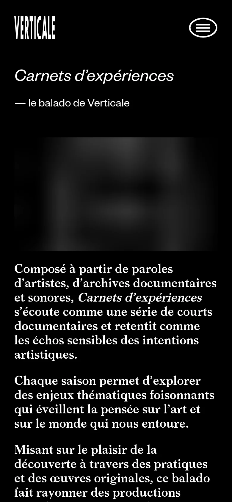 The mobile version simplifies the layout into a single vertical column on a black background. The headline and text are centered or left-aligned above a large, blurred dark image, with the navigation condensed into a prominent hamburger menu icon at the top right.