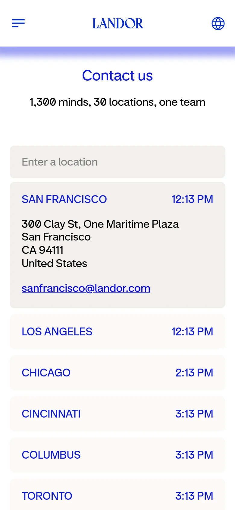 Landor contact us mobile layout with a stacked design. Location information is presented in full-width vertical cards containing city names, local times, addresses, and email links on a clean white background.