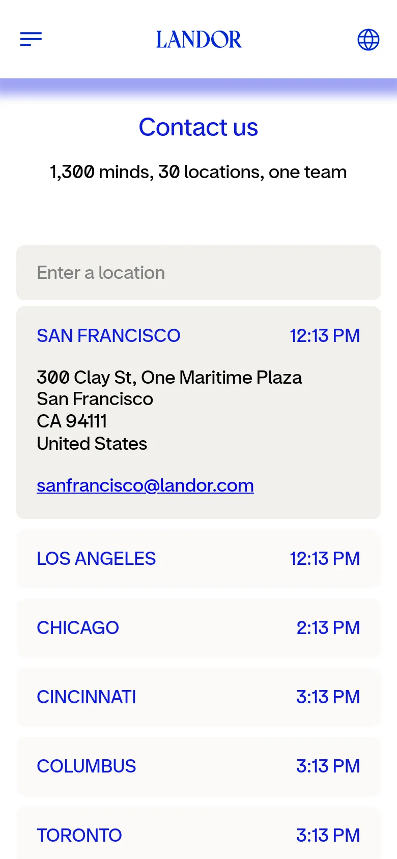 Landor contact us mobile layout with a stacked design. Location information is presented in full-width vertical cards containing city names, local times, addresses, and email links on a clean white background.