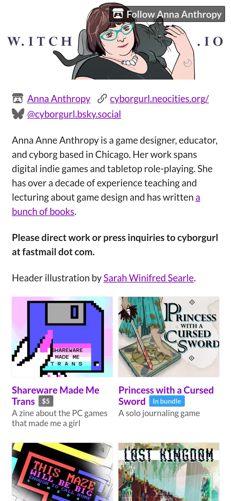 Mobile view of the profile with the header illustration scaled down and centered. The layout shifts to a single-column vertical stack where the bio text is followed by large, full-width game tiles arranged one after another.