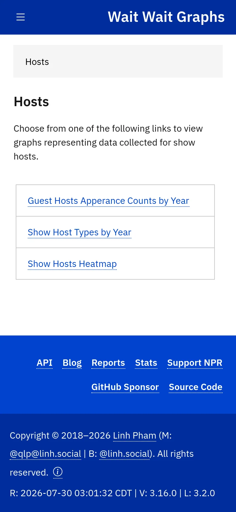 The mobile version simplifies the layout with a blue header containing a hamburger menu icon and the title 'Wait Wait Graphs'. The content follows a single-column vertical stack with the 'Hosts' heading and three large, full-width link buttons for the host data categories. The blue footer is condensed to fit the narrower screen width.