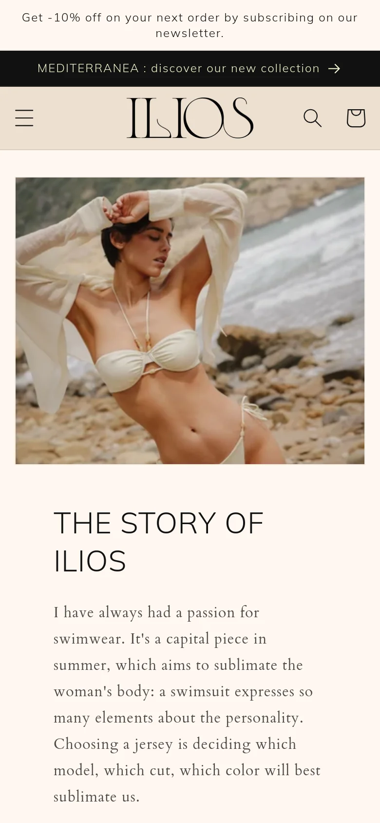 The mobile version stacks the content vertically, starting with a full-width hero image of a woman in cream swimwear on a beach. Below the image, the headline 'THE STORY OF ILIOS' and the brand's story text are centered, and the navigation is condensed into a hamburger menu and search icon.