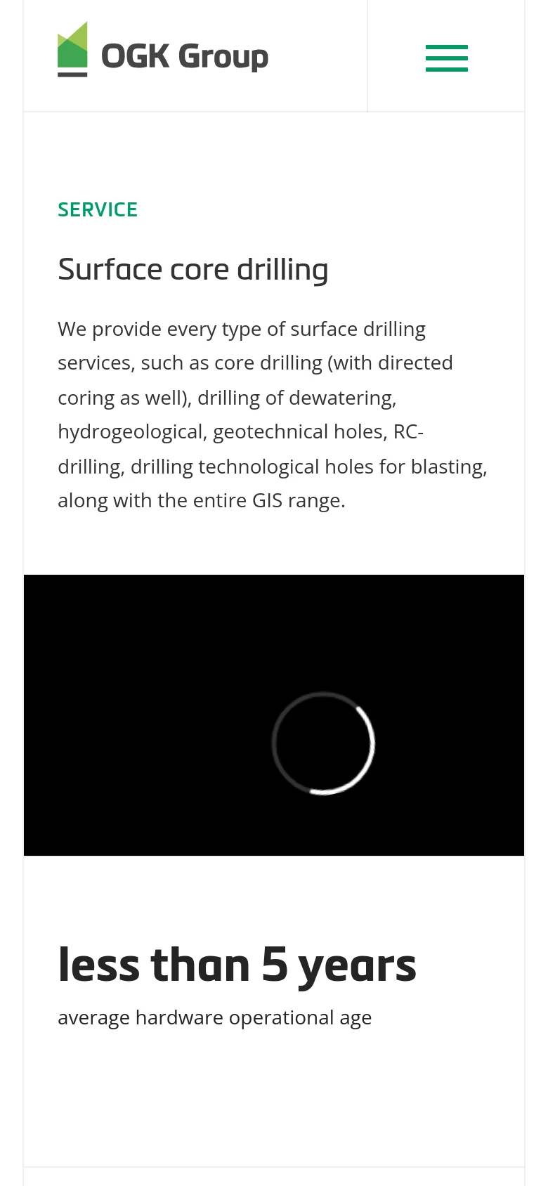 The mobile version uses a simplified vertical layout with a white background and green accents. The header contains the OGK Group logo and a hamburger menu, followed by the service title and a descriptive paragraph, with a large dark video or image placeholder below.