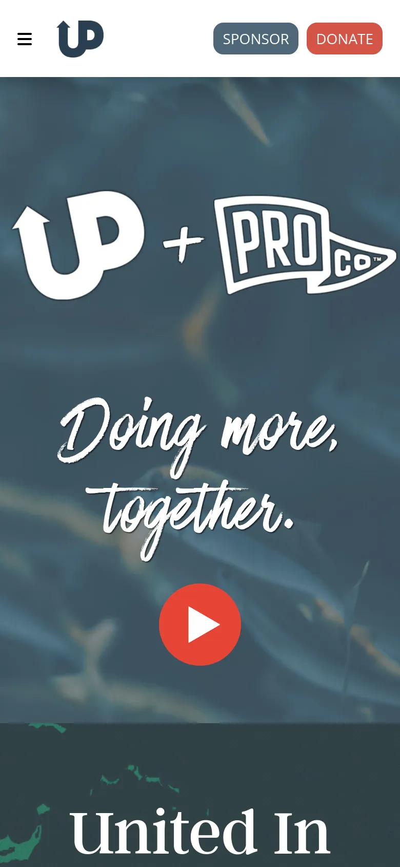 The mobile version displays a simplified header with a hamburger menu icon, the Upstream logo, and 'SPONSOR' and 'DONATE' buttons. The hero section remains centered with the 'UP + PROCO' logo, script text, and a large red play button over a dark aquatic background. The layout is vertically stacked to fit the narrow screen, focusing on the central branding and call-to-action buttons.