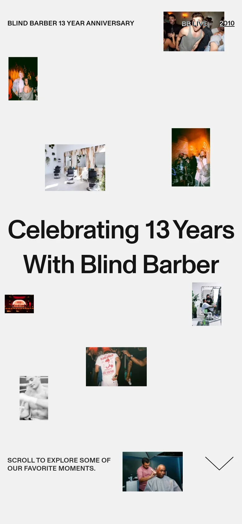 Blind Barber anniversary mobile homepage with a vertically stacked layout. The large headline Celebrating 13 Years With Blind Barber is centered above a series of reflowed lifestyle images and a prompt to scroll for favorite moments.