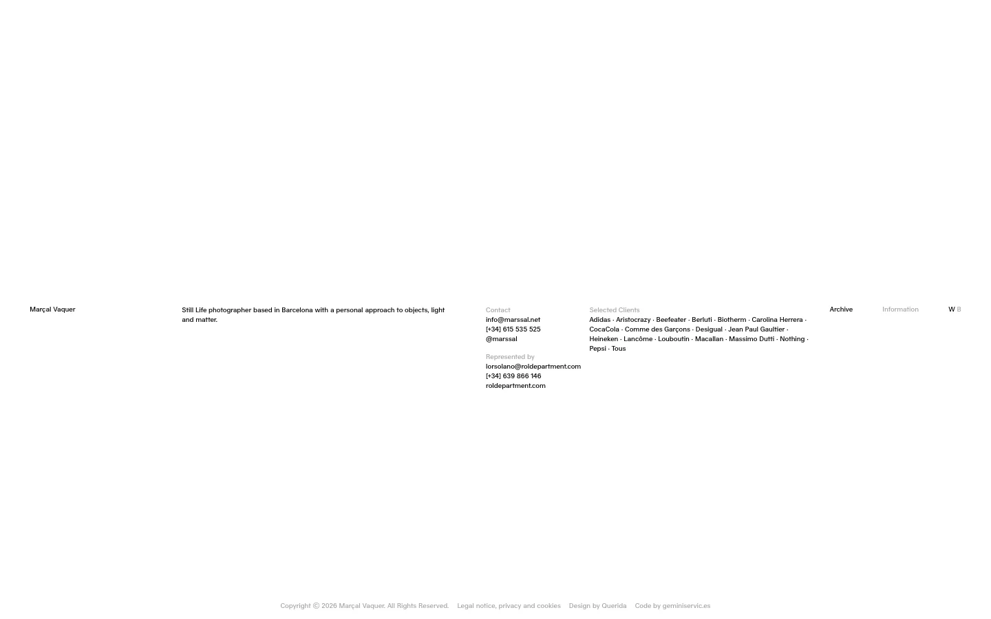 The desktop version features a minimalist white layout with black text arranged in four horizontal columns. The content includes a brief bio, contact details, representation information, and a list of selected clients, with a small footer at the bottom.