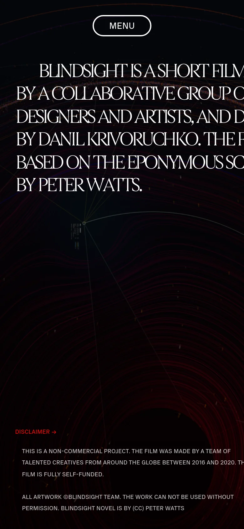 The mobile version presents a simplified vertical layout with a centered 'MENU' button at the top. The large serif text is stacked centrally over the dark, circular-patterned background, followed by the disclaimer and project details below.