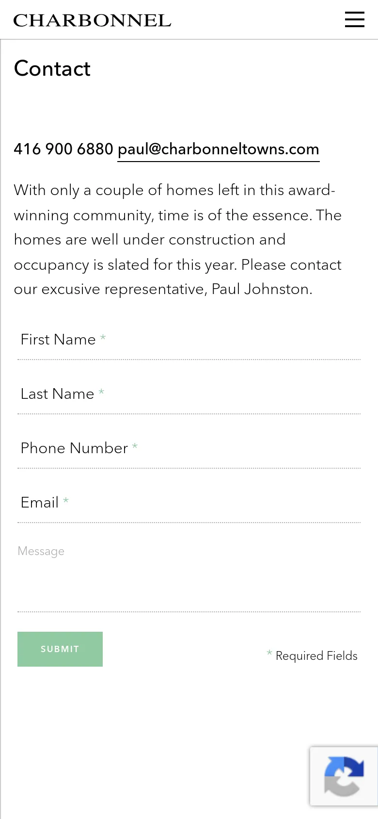 Charbonnel Contact mobile website screenshot