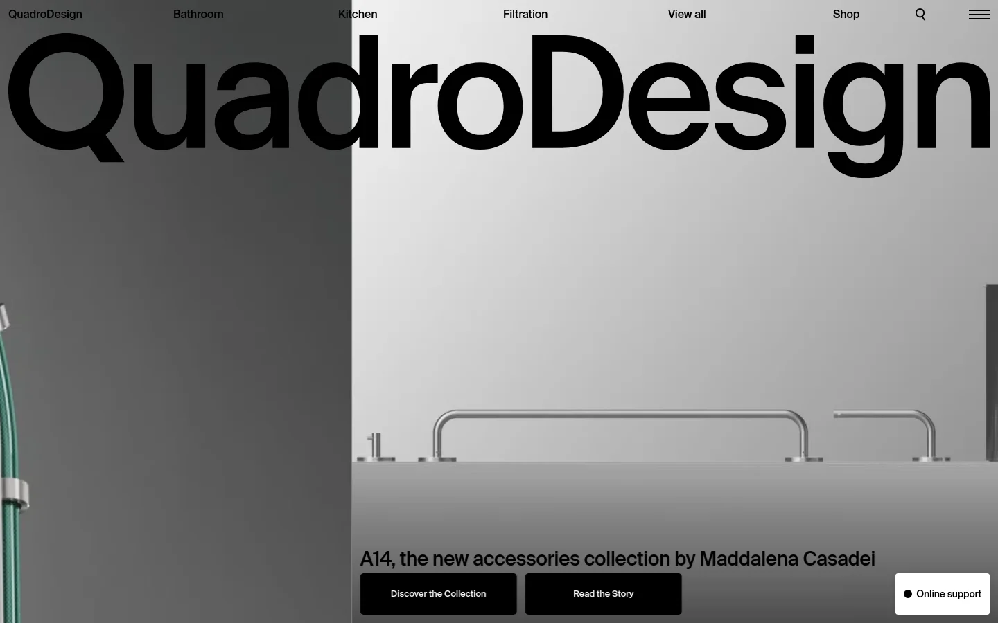 The desktop homepage features a minimalist design with a large black 'QuadroDesign' logo at the top and a full-width hero image of sleek stainless steel accessories. Below the hero section, a large headline introduces the 'A14' collection by Maddalena Casadei, accompanied by two black call-to-action buttons: 'Discover the Collection' and 'Read the Story'. The layout uses a clean, high-contrast aesthetic with neutral grey and white tones.