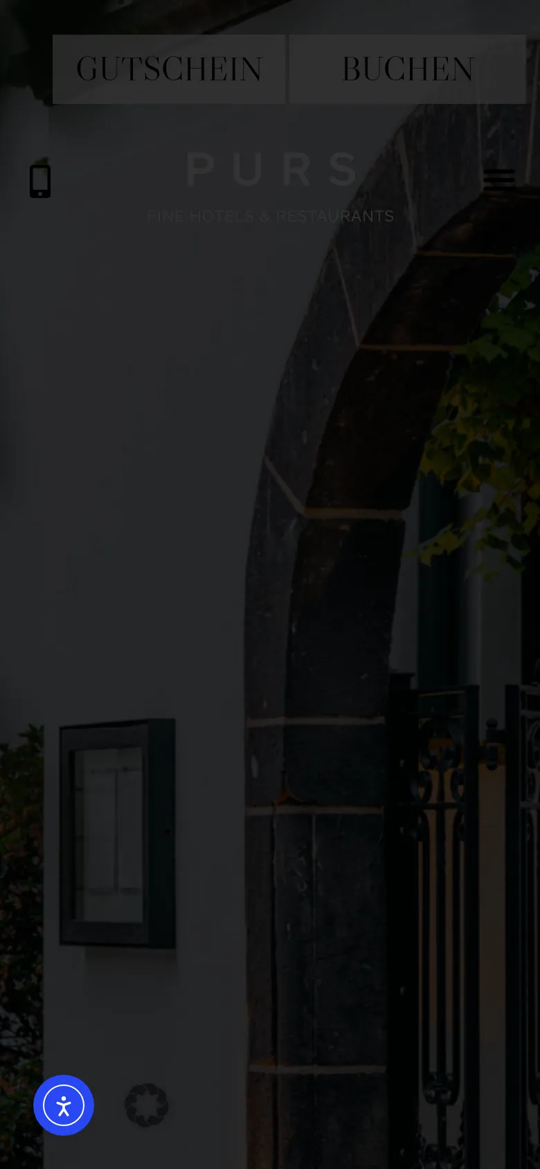 The mobile version presents a vertically stacked layout starting with a full-width hero image of a stone archway. The navigation is condensed into a hamburger menu icon, and the 'GUTSCHEIN' and 'BUCHEN' buttons are prominently placed at the top. The hotel and restaurant sections follow below, with images and text scaled for a single-column mobile view.