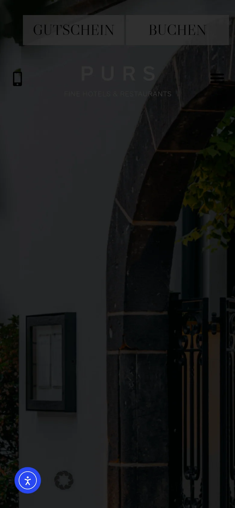 The mobile version presents a vertically stacked layout starting with a full-width hero image of a stone archway. The navigation is condensed into a hamburger menu icon, and the 'GUTSCHEIN' and 'BUCHEN' buttons are prominently placed at the top. The hotel and restaurant sections follow below, with images and text scaled for a single-column mobile view.