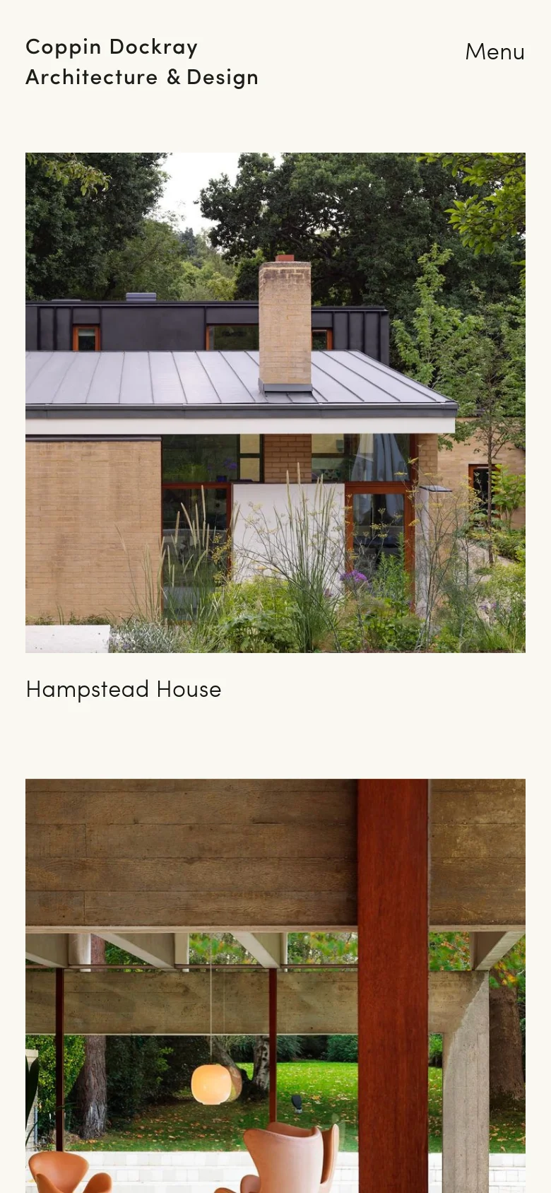 The mobile version of the homepage features a simplified layout with the company name on the left and a 'Menu' button on the right. The project images are displayed in a single-column vertical scroll, with the project titles appearing directly beneath each large photograph.