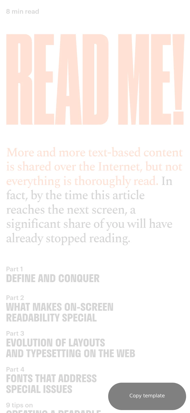 The mobile version presents a stacked, single-column layout with the large 'READ ME!' headline appearing in a pale peach color at the top. The text content and article navigation links follow vertically, and a grey 'Copy template' call-to-action button is anchored at the bottom right.
