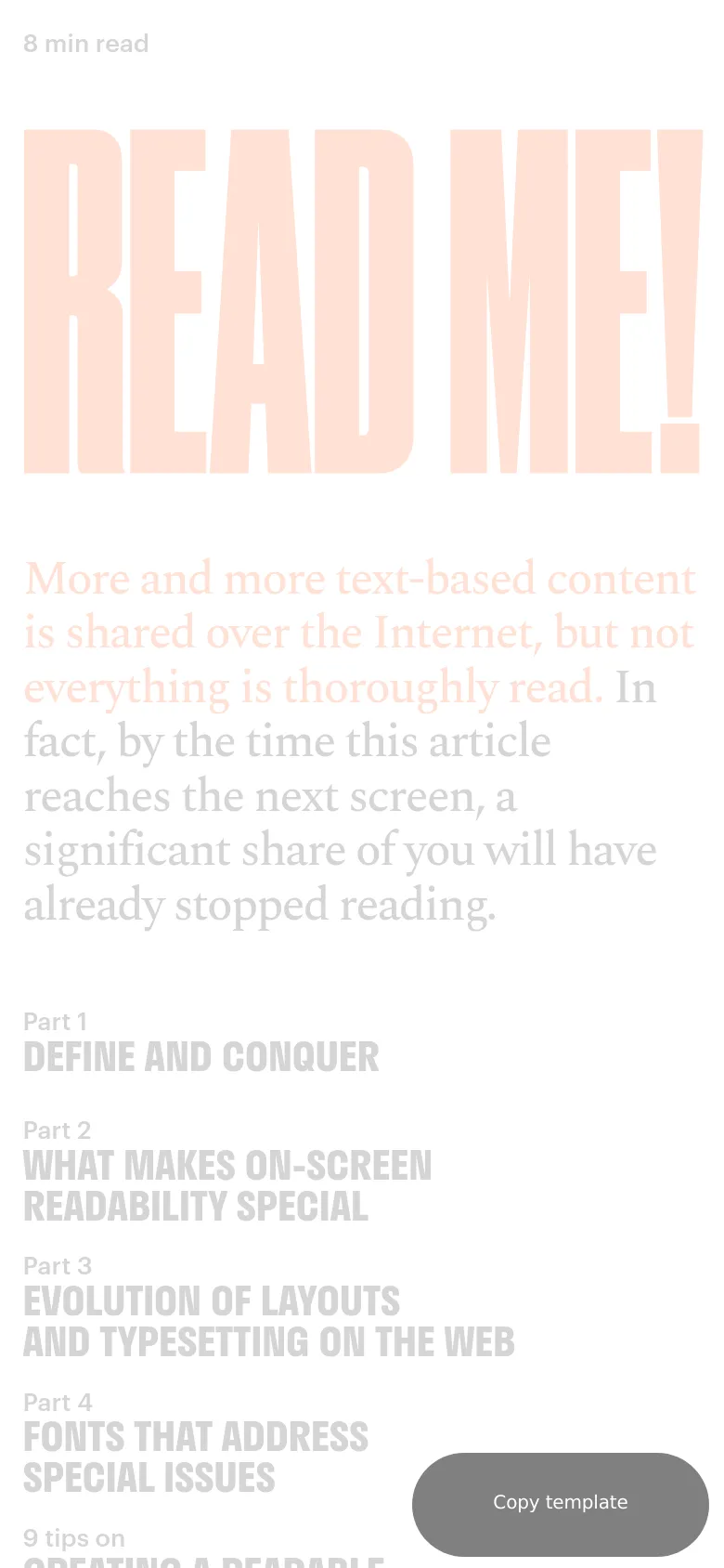 The mobile version presents a stacked, single-column layout with the large 'READ ME!' headline appearing in a pale peach color at the top. The text content and article navigation links follow vertically, and a grey 'Copy template' call-to-action button is anchored at the bottom right.