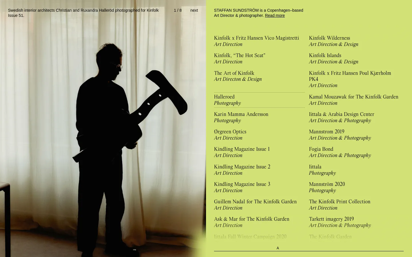 The desktop layout features a split-screen design with a large silhouette of a person holding an object against a light curtain on the left, and a navigation menu on the right. The menu lists various projects such as 'Kinfolk x Fritz Hansen' and 'Halleroed' in a clean, minimalist serif font against a pale yellow background. A progress indicator shows '1 / 8' at the top center.