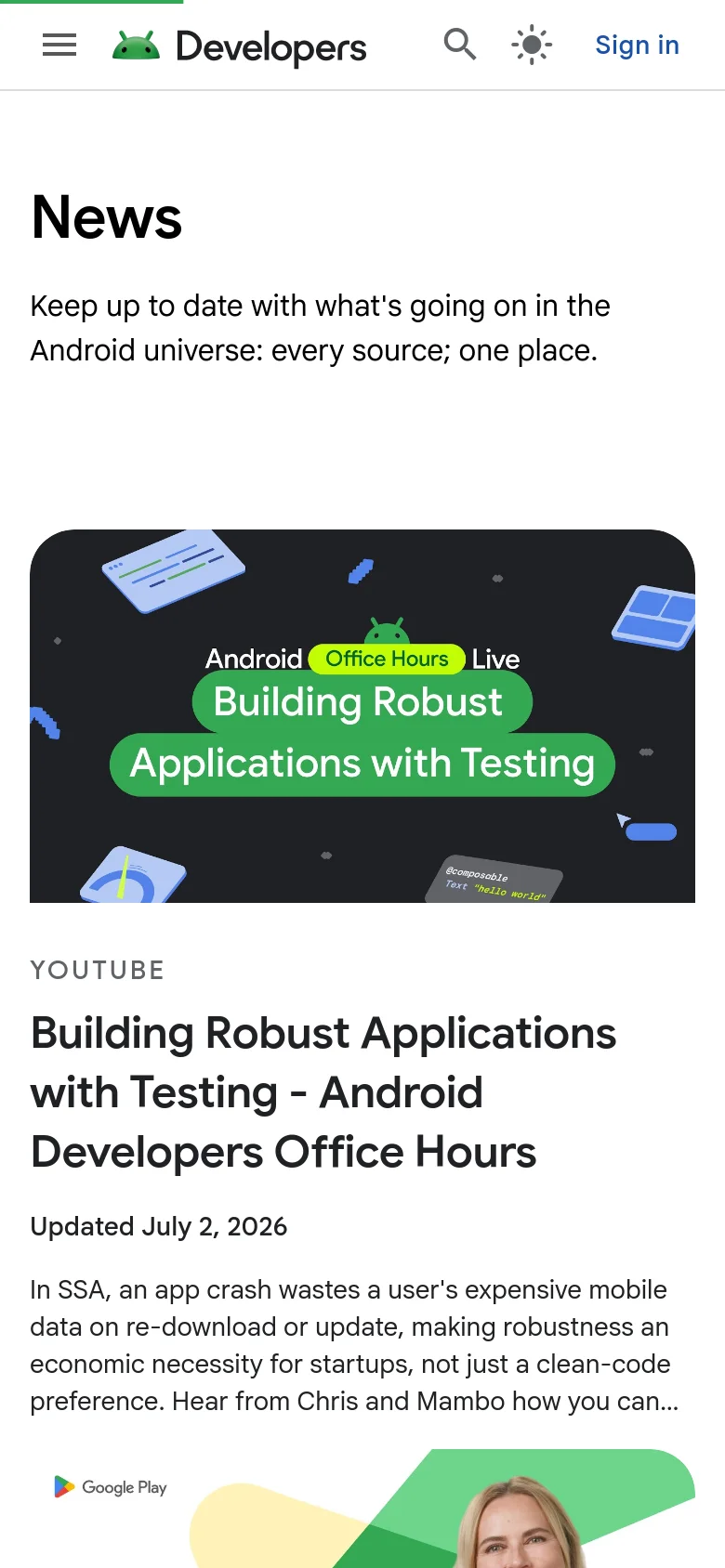 The mobile version presents a single-column vertical layout optimized for scrolling. The top navigation is condensed into a hamburger menu and a search icon, while the news cards span the full width of the screen, stacking the thumbnail image above the text content for easier readability on small screens.