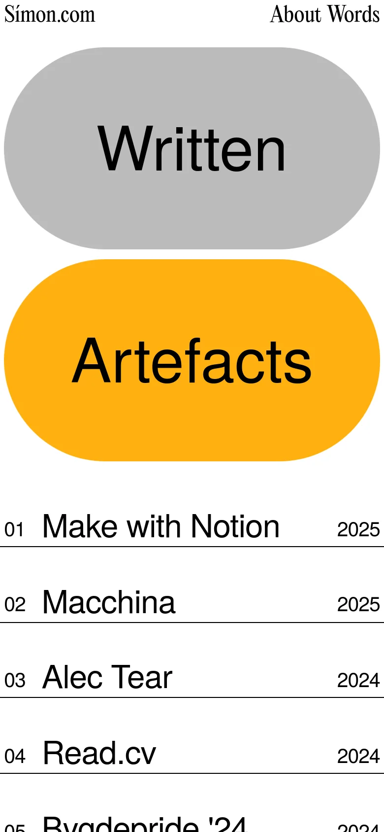 The mobile version maintains the minimalist aesthetic with a vertical layout, showing large rounded buttons for 'Written' and 'Artefacts' in gray and orange. A project list follows below, displaying project numbers, titles, and years in a single-column format optimized for vertical scrolling.