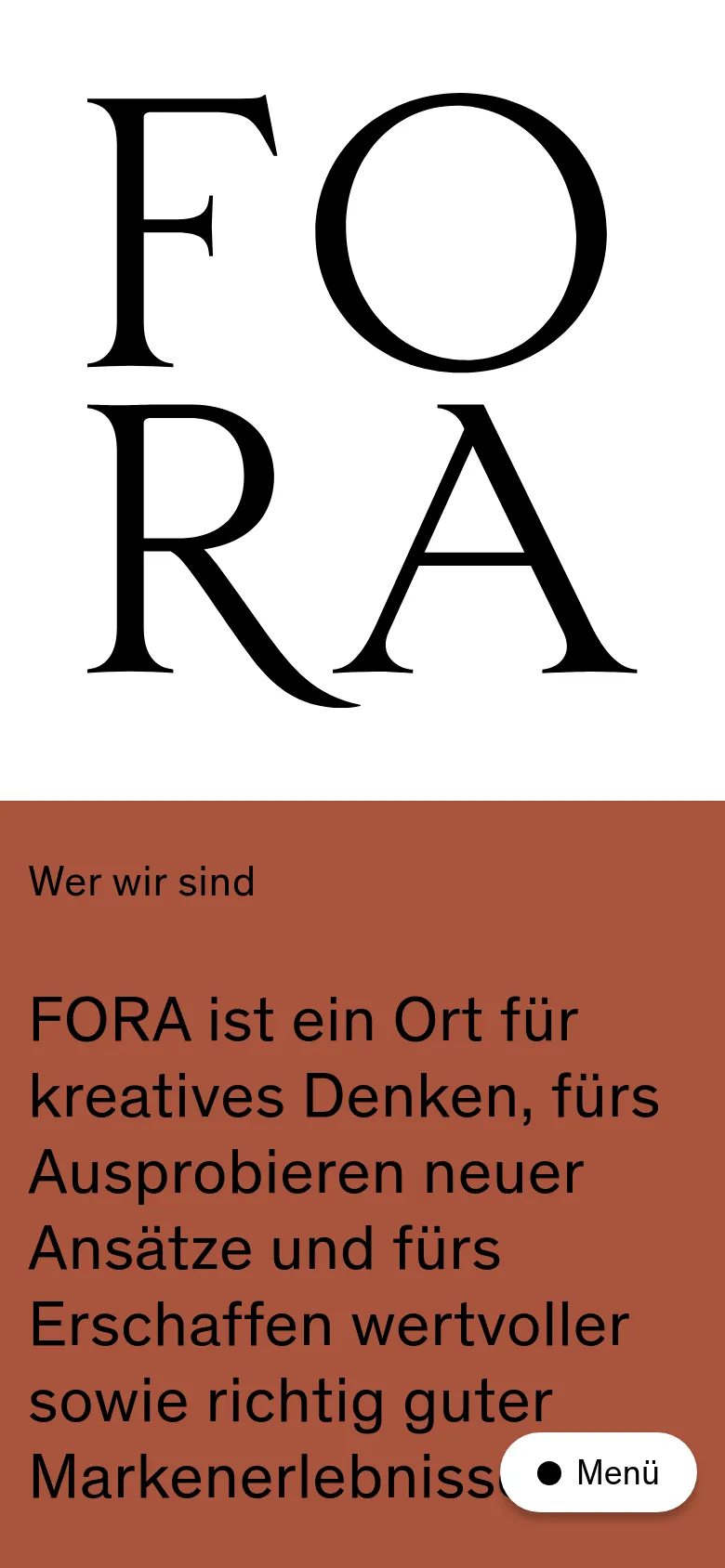 FORA About page in a mobile-responsive stacked layout. The design features large-scale serif typography on a terracotta background, a vertical list of services, and a simplified hamburger menu for navigation.