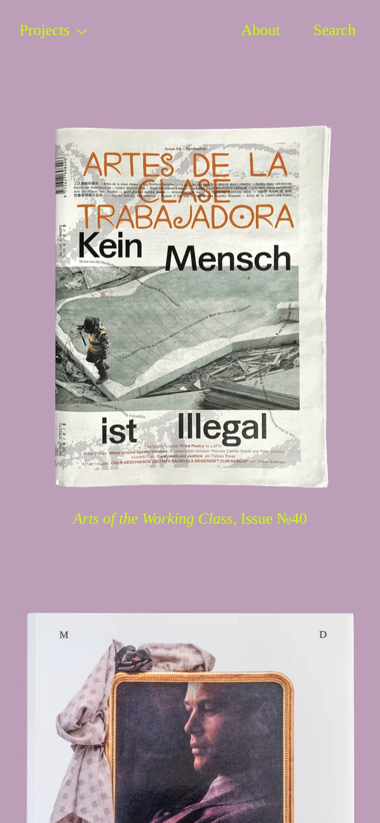 The mobile version maintains the light purple background and lime green typography but simplifies the layout. The navigation menu is condensed at the top, and the project grid shifts to a single-column vertical scroll, showing large, full-width images of works like 'Arts of the Working Class, Issue №40' followed by subsequent projects.