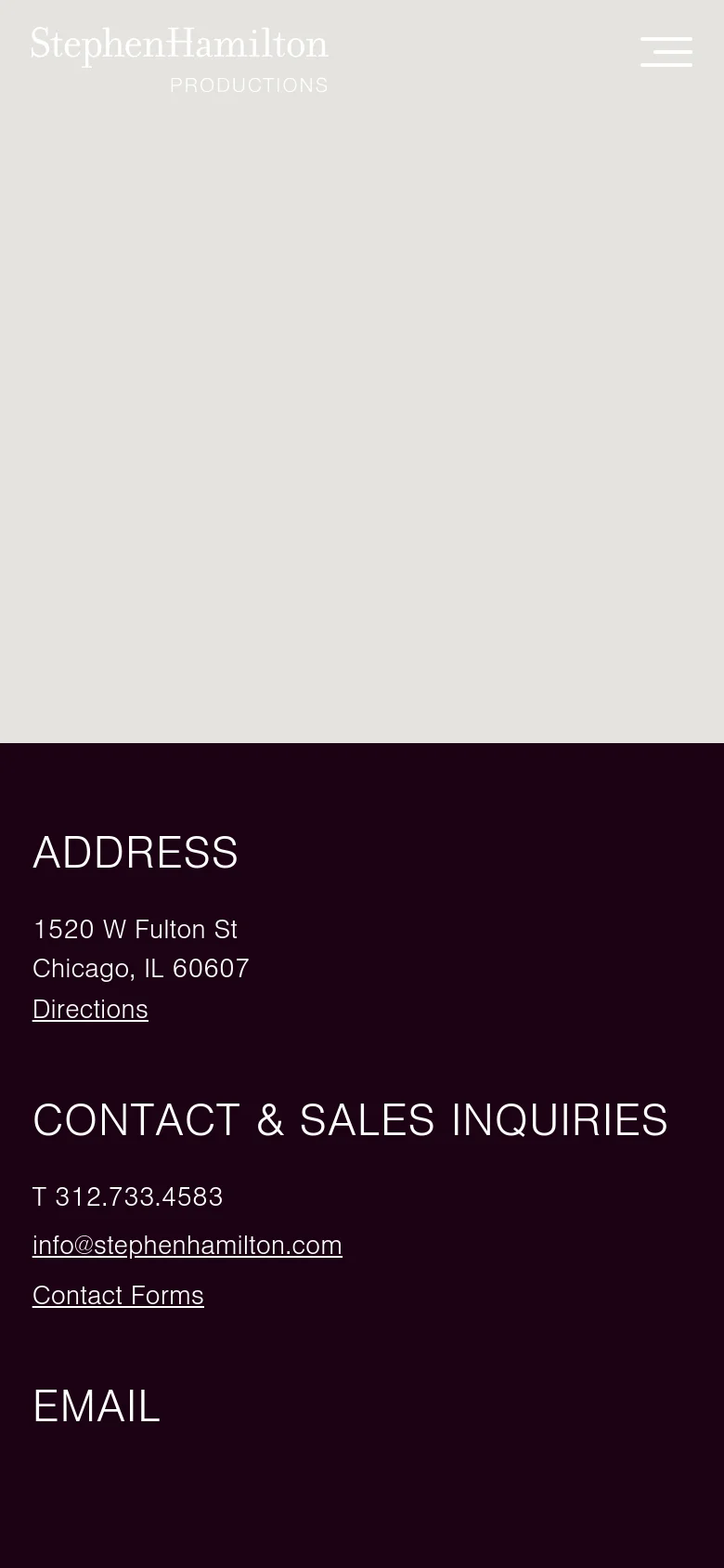 The mobile version simplifies the layout into a single vertical column on a dark background. The contact sections—Address, Contact & Sales Inquiries, and Email—are stacked vertically for easier scrolling. A hamburger menu icon replaces the desktop navigation bar at the top.