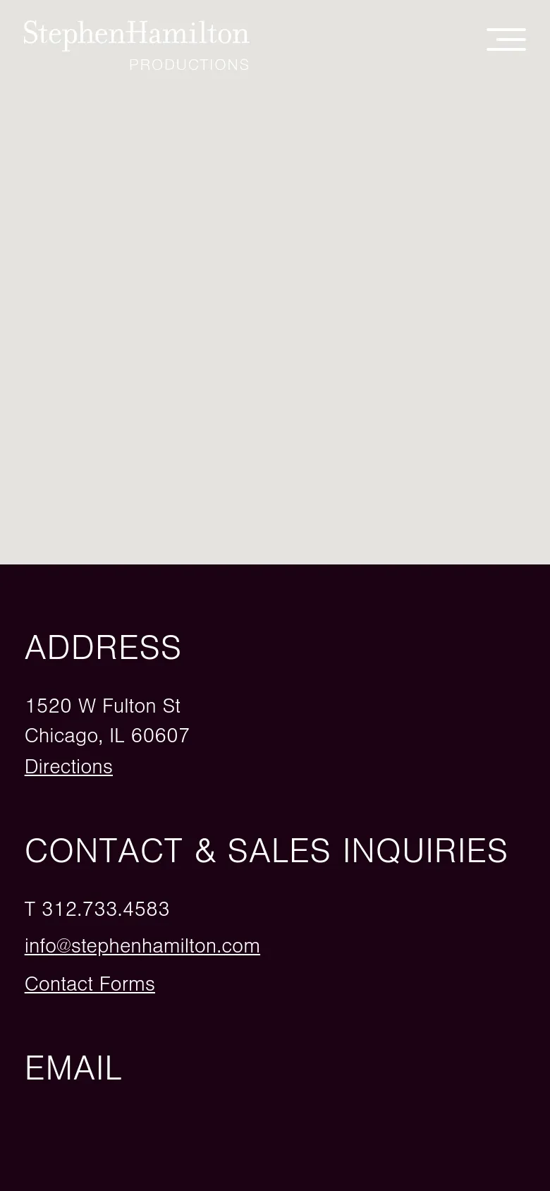 The mobile version simplifies the layout into a single vertical column on a dark background. The contact sections—Address, Contact & Sales Inquiries, and Email—are stacked vertically for easier scrolling. A hamburger menu icon replaces the desktop navigation bar at the top.