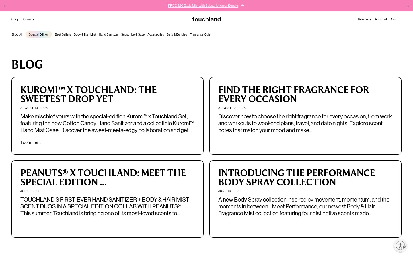The Touchland blog page features a clean, minimalist white layout with a top navigation bar and a category filter menu including 'Special Edition' highlighted in pink. A grid of large, rectangular cards displays blog posts with bold black headlines, dates, and short text excerpts. Each card is outlined with a thin black border on a white background.
